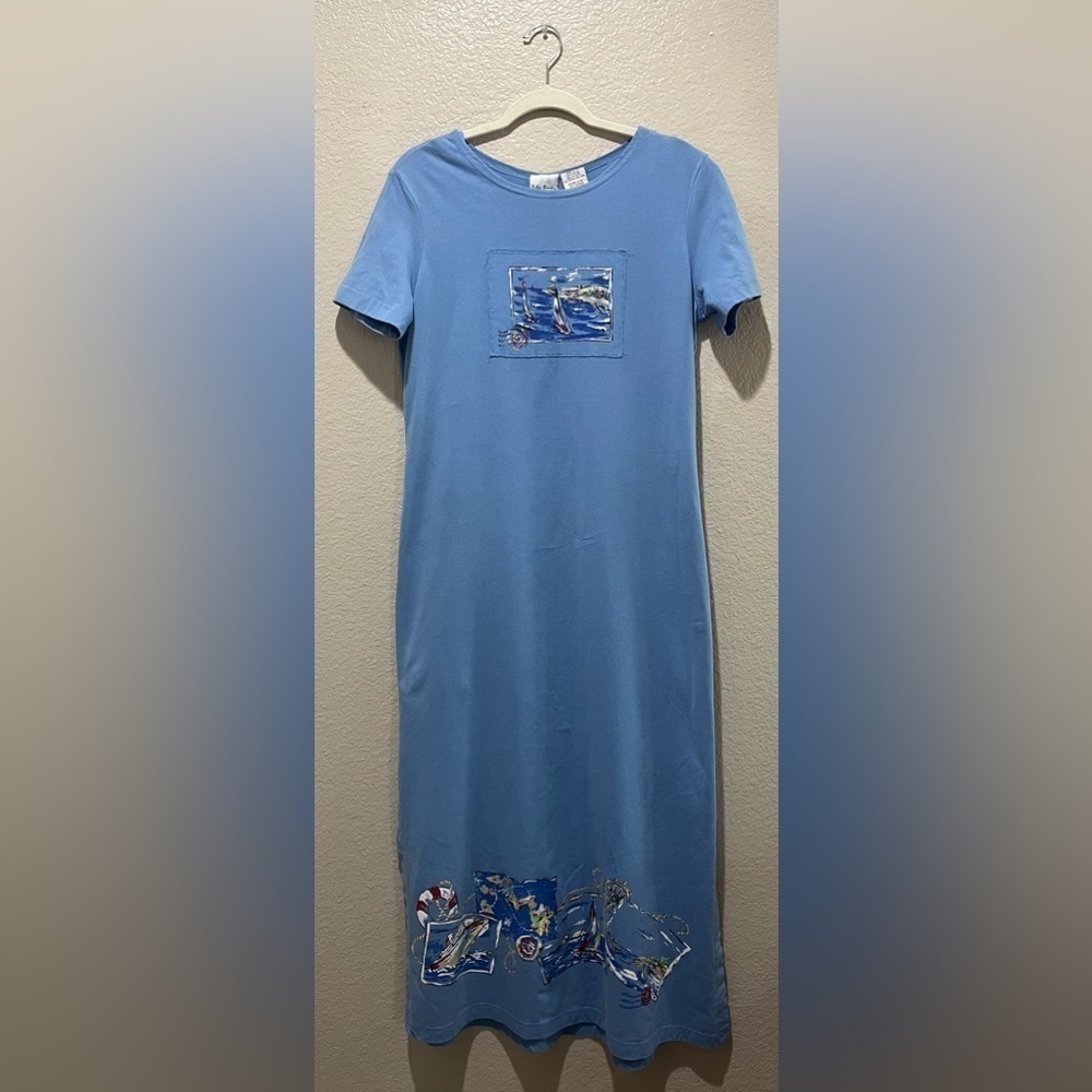 Y2K Bobbie Brooks Maxi Dress 12/14 Blue Island Graphic Short Sleeve TC0604